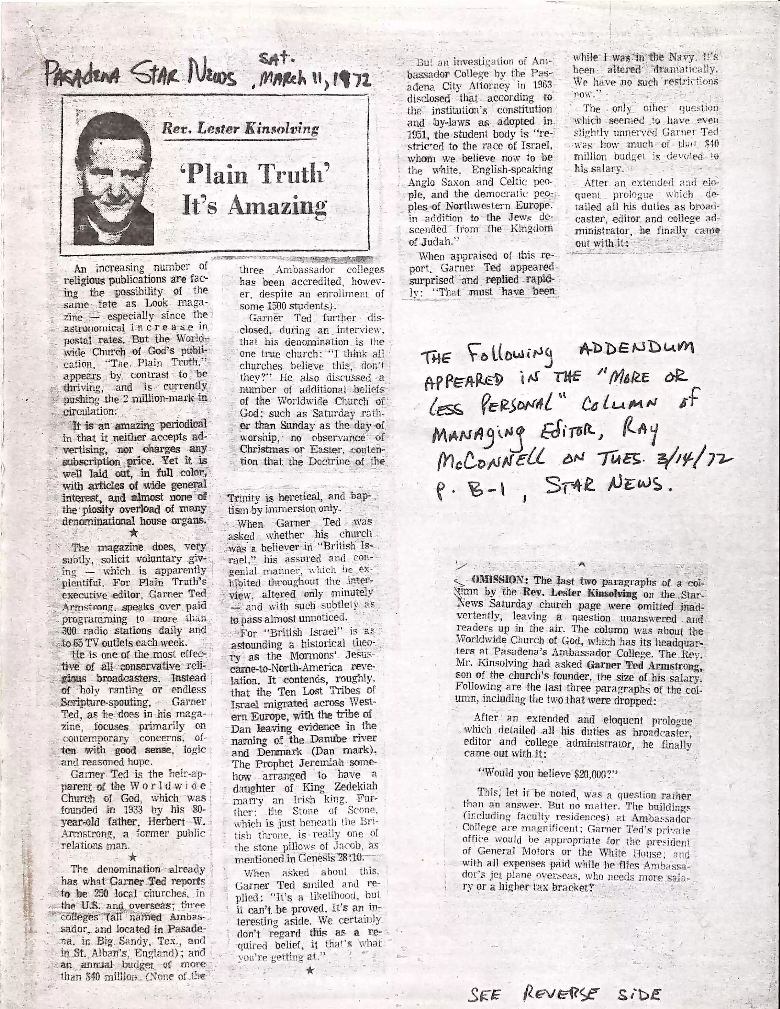 1972 Lester Kinsolving - article about PT1